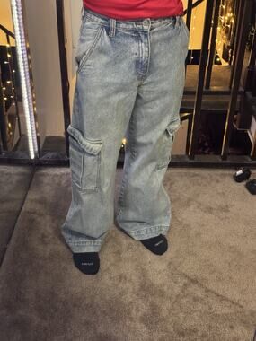 J Galt Shanghai Jeans Tatum Wide Leg Denim Cargo Pants Unisex Size S Blue